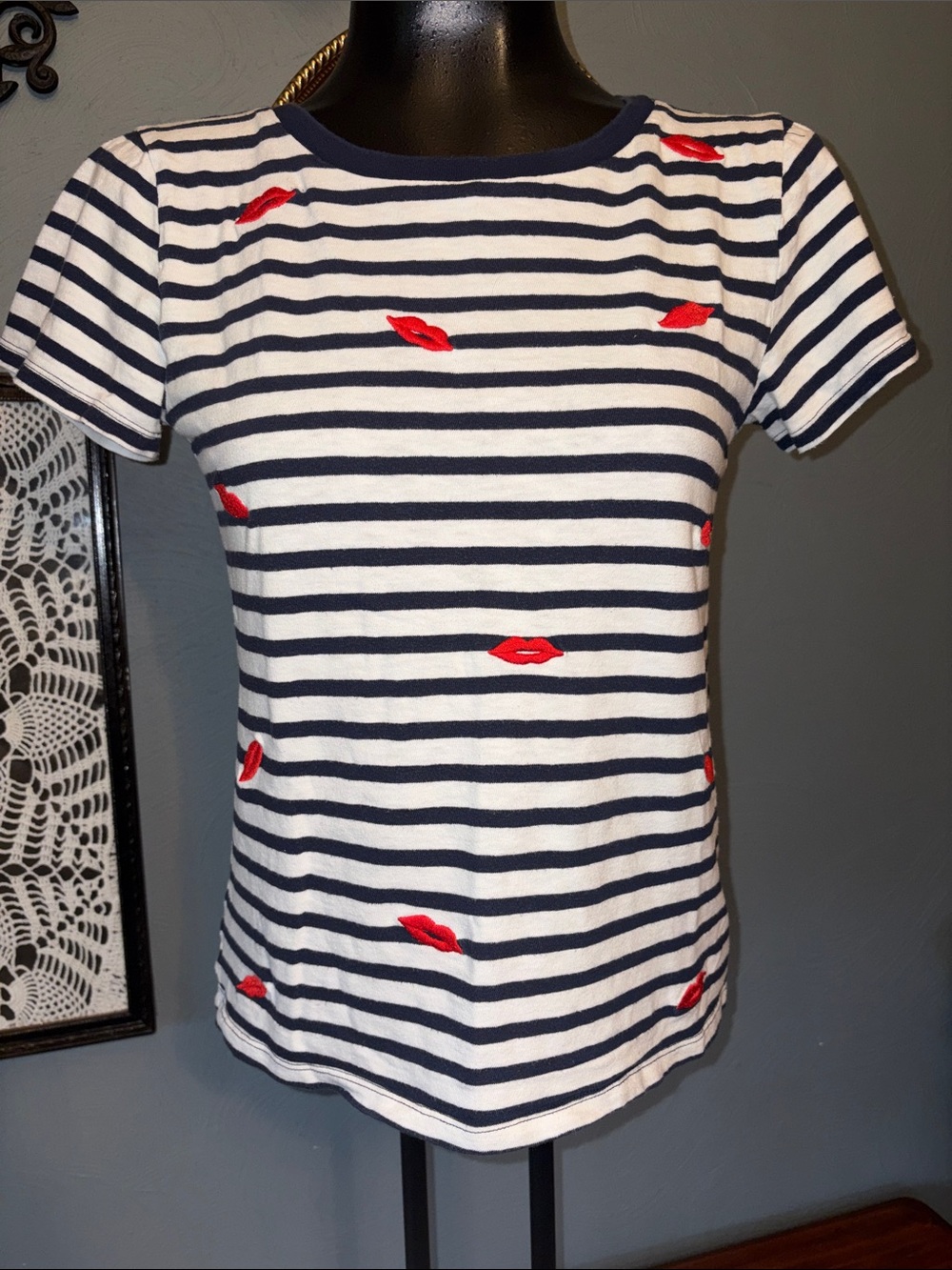 J. Crew Navy & White Striped Tee with Red Lip Embroidery